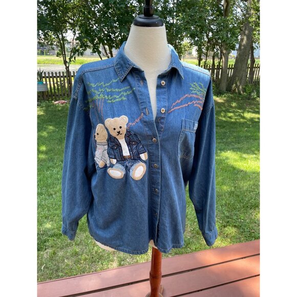 Vintage Together Denim Shirt With Teddy Bear Embroidery & Pocket Teachercore - Picture 1 of 9
